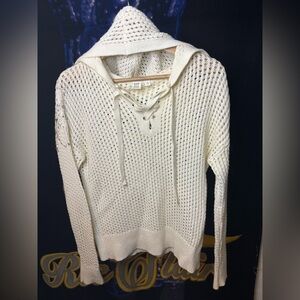 GAP Cream Open-Weave Hooded Lace-Up Sweater